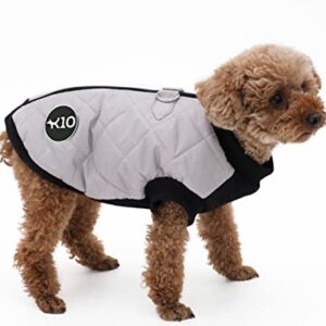 K10 Quiltee Coat - Warm Dog Coat with Leash Attachment - Water Resistant Jacket with Leash Ring - Built in D Ring Harness - Fleece Lined Vest - Lighter Than a Sweater - Small Dogs (S, Silver Grey)