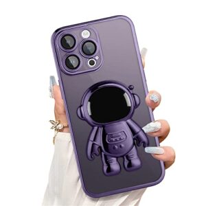 kanghar for iphone 14 pro max case clear 6d plating astronaut hidden stand case for women men camera lens cover soft tpu shockproof protective phone case for iphone 14 pro max 6.7 inch - purple