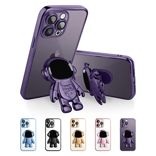 KANGHAR for iPhone 14 Pro Max Case Clear 6D Plating Astronaut Hidden Stand Case for Women Men Camera Lens Cover Soft TPU Shockproof Protective Phone Case for iPhone 14 Pro Max 6.7 Inch - Purple