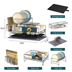 slhsy Removable Design 2 Tier Dish Drying Rack/Strainers with Drainboard, Swivel Spout, Cup & Utensil Holder and Drying Mat for Kitchen Counter, Black