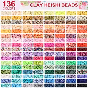 QUEFE 14000pcs, 136 Colors Clay Beads for Bracelet Making Kit Flat Round Polymer Clay Beads Spacer Heishi Beads for Jewelry Making with Pendant Charms Kit Letter Beads and Elastic Strings