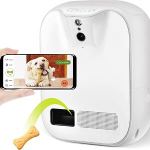 CENGCEN Pet Monitoring Camera Dog Treat Dispenser Two-Way Audio HD WiFi Dog Camera with 130° View, Remote Tossing App Compatible with Android/iOS, Night Vision, Wall Mounted - 2023 Pro