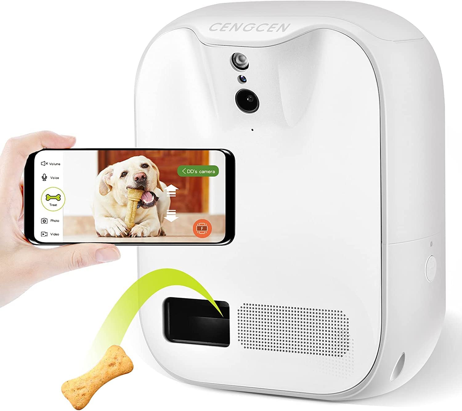 CENGCEN Pet Monitoring Camera Dog Treat Dispenser Two-Way Audio HD WiFi Dog Camera with 130° View, Remote Tossing App Compatible with Android/iOS, Night Vision, Wall Mounted - 2023 Pro