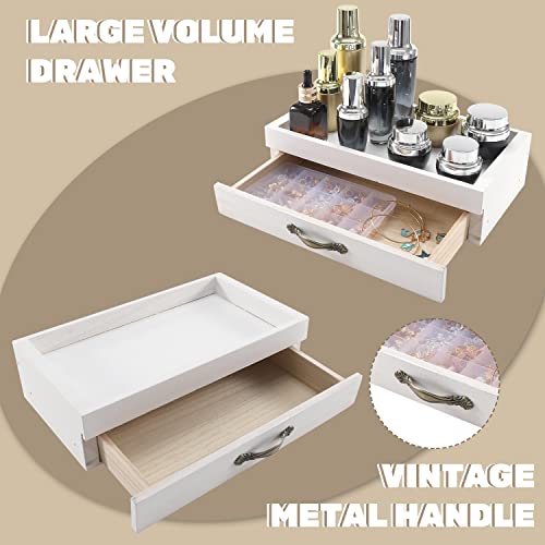 GNILLKO 3 Tier Bathroom Counter Organizer with Drawer, Wooden Bathroom Organizer Countertop, Countertop Bathroom Trays and Kitchen Spice Rack Vanity Organizer for Bathroom Counter(White)