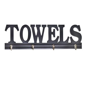 black wood towel hooks for bathroom decorative cutout word sign wall decor, wall mounted towel rack hanger hanging word sign with 4 hanging hooks