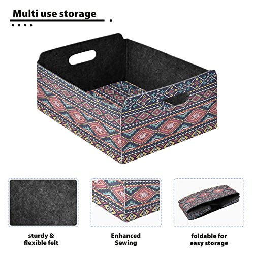 Kigai Aztec Storage Bins with Handles Felt Fabric Collapsible Storage Basket Organizer Drawers Storage Boxes for Shelf Closet Bedroom (14x5x10Inch)