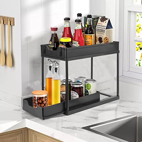 2 Pack Under Sink Organizers and Storage, Under Cabinet Organizer for Kitchen Organizer Multi-purpose Under Kitchen Sink Storage Under Sink Organizers with 4 Hooks (Black-2Pack)