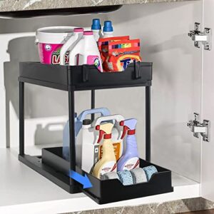 2 Pack Under Sink Organizers and Storage, Under Cabinet Organizer for Kitchen Organizer Multi-purpose Under Kitchen Sink Storage Under Sink Organizers with 4 Hooks (Black-2Pack)