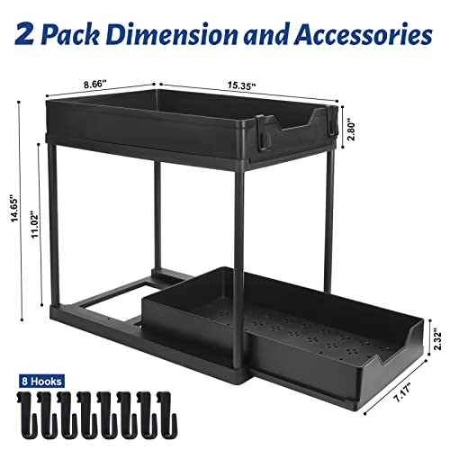 2 Pack Under Sink Organizers and Storage, Under Cabinet Organizer for Kitchen Organizer Multi-purpose Under Kitchen Sink Storage Under Sink Organizers with 4 Hooks (Black-2Pack)