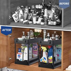 2 Pack Under Sink Organizers and Storage, Under Cabinet Organizer for Kitchen Organizer Multi-purpose Under Kitchen Sink Storage Under Sink Organizers with 4 Hooks (Black-2Pack)