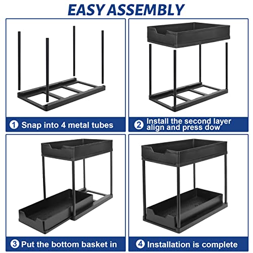 2 Pack Under Sink Organizers and Storage, Under Cabinet Organizer for Kitchen Organizer Multi-purpose Under Kitchen Sink Storage Under Sink Organizers with 4 Hooks (Black-2Pack)