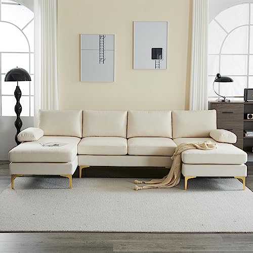 Karl home Convertible Sectional Sofa 110" U-Shape Sofa Couch 4-Seat Couch with Chaise Fabric Upholstered for Living Room, Apartment, Office, Beige