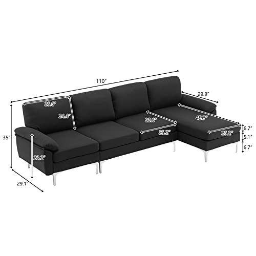 Karl home Convertible Sectional Sofa 110" L-Shape Sofa Couch 4-Seat Couch with Chaise Fabric Upholstered for Living Room, Apartment, Office, Black