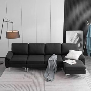Karl home Convertible Sectional Sofa 110" L-Shape Sofa Couch 4-Seat Couch with Chaise Fabric Upholstered for Living Room, Apartment, Office, Black