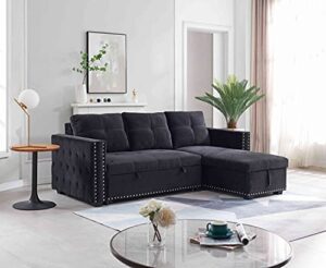 tulib reversible sectional sofa with chaise, sleeper couch storage and pull out bed, button tufted nail head trim seating furniture for living room, 91 black