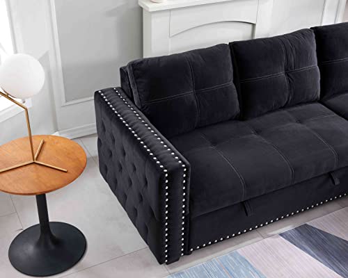 Tulib Reversible Sectional Sofa with Chaise, Sleeper Couch Storage and Pull Out Bed, Button Tufted Nail Head Trim Seating Furniture for Living Room, 91 Black