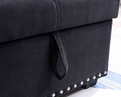 Tulib Reversible Sectional Sofa with Chaise, Sleeper Couch Storage and Pull Out Bed, Button Tufted Nail Head Trim Seating Furniture for Living Room, 91 Black