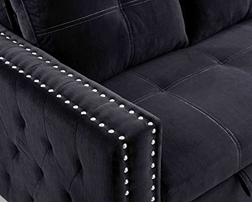 Tulib Reversible Sectional Sofa with Chaise, Sleeper Couch Storage and Pull Out Bed, Button Tufted Nail Head Trim Seating Furniture for Living Room, 91 Black