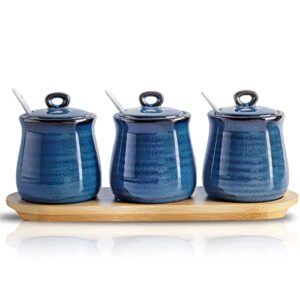 hasense porcelain condiment jar,10oz spice container with lid spoon and bamboo tray,small salt sugar pepper seasoning pots box set of 3,ceramic condiment container for home kitchen counter（blue）