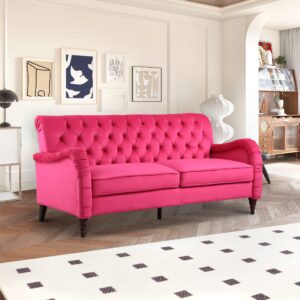Melpomene Chesterfield-Styled 3 Seater Sofa Couch, Modern 72" Velvet Sofa with Button Tufting, Unique Arm and Wood Legs,Rose Red