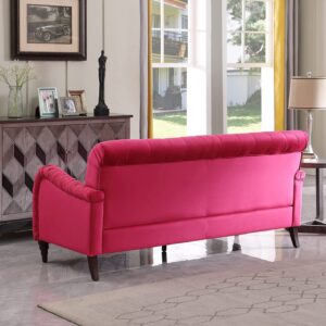 Melpomene Chesterfield-Styled 3 Seater Sofa Couch, Modern 72" Velvet Sofa with Button Tufting, Unique Arm and Wood Legs,Rose Red