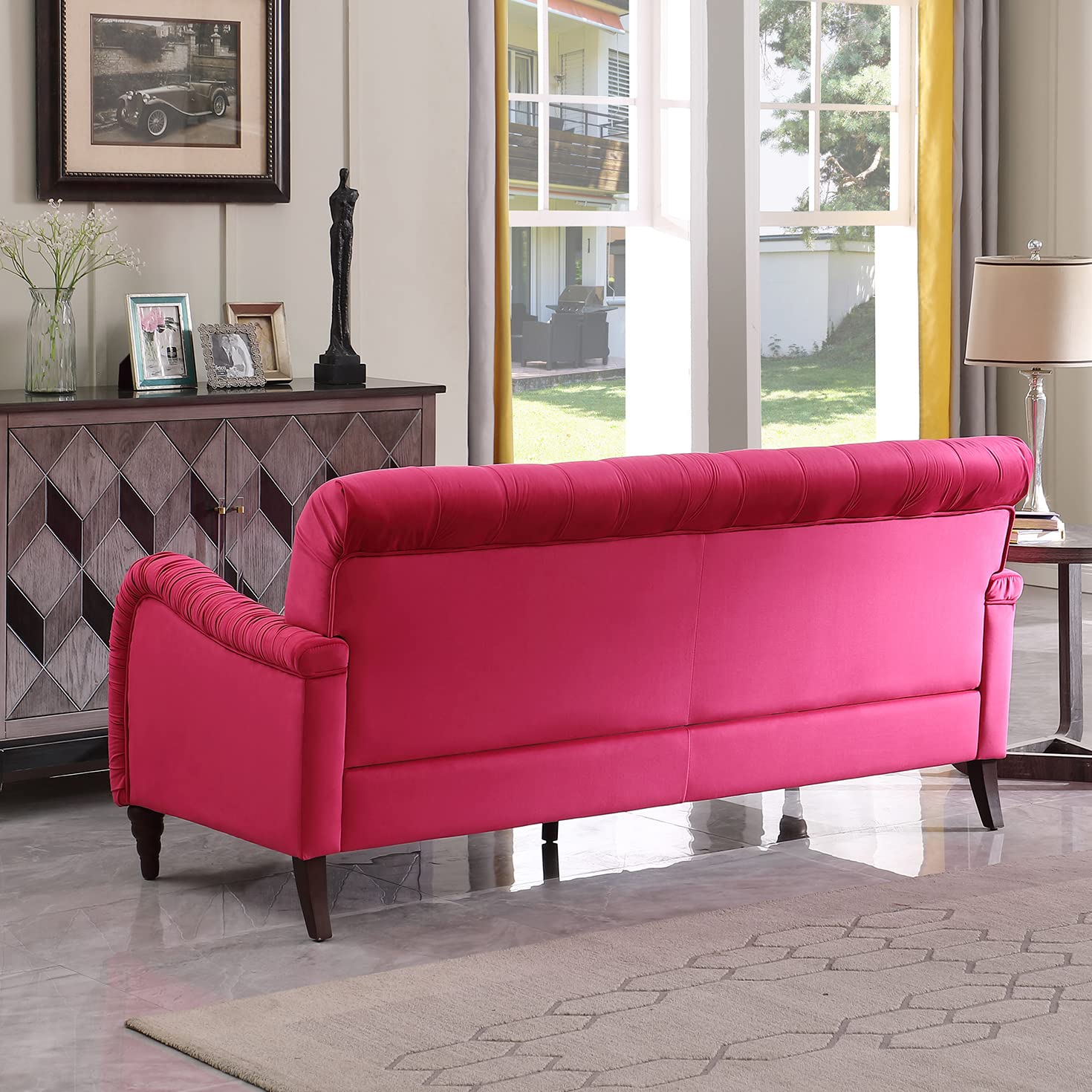 Melpomene Chesterfield-Styled 3 Seater Sofa Couch, Modern 72" Velvet Sofa with Button Tufting, Unique Arm and Wood Legs,Rose Red