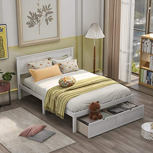 Modern Solid Wooden Platform Bed with Large Drawer Low Bed Frame with Headboard, No Box Spring Needed/Easy Assembly, Full White