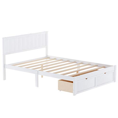 Modern Solid Wooden Platform Bed with Large Drawer Low Bed Frame with Headboard, No Box Spring Needed/Easy Assembly, Full White