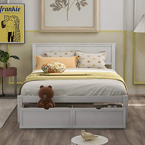 Modern Solid Wooden Platform Bed with Large Drawer Low Bed Frame with Headboard, No Box Spring Needed/Easy Assembly, Full White
