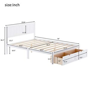 Modern Solid Wooden Platform Bed with Large Drawer Low Bed Frame with Headboard, No Box Spring Needed/Easy Assembly, Full White