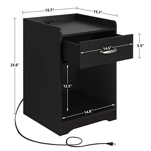 WEENFON Nightstands, Black Nightstand with Charging Station,Bedside Tables, End Table with Drawer, Open Space,Metal Handles, Large Storage,WFET16HN