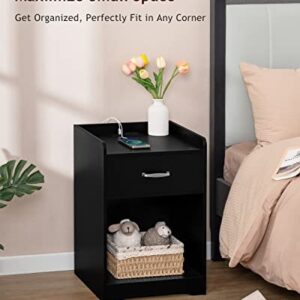 WEENFON Nightstands, Black Nightstand with Charging Station,Bedside Tables, End Table with Drawer, Open Space,Metal Handles, Large Storage,WFET16HN