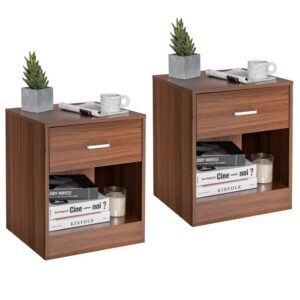safeplus end table wood nightstand side cabinet with drawer & shelves for bedroom (brown, 2 pack)