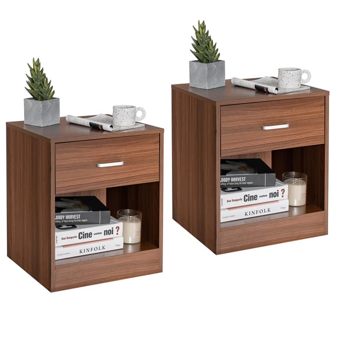 SAFEPLUS End Table Wood nightstand Side Cabinet with Drawer & Shelves for Bedroom (Brown, 2 Pack)