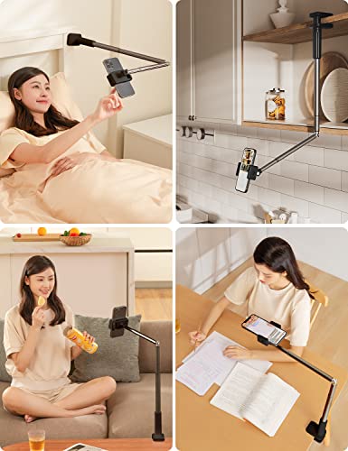 SupeDesk Extendable Cell Phone Stand, C-clamp, Lazy Phone Stand, for 3.5-6.7" Phone, Lying in Bed, Height Angle Adjustable, 360 Rotate, Aluminum Alloy, Lightweight, Black