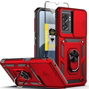 oneplus nord n300 5g heavy duty armor case + tempered glass, shockproof rugged military grade with kickstand & lens protector - red
