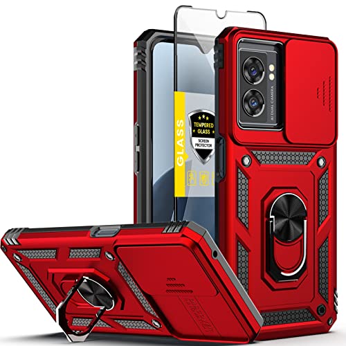 OnePlus Nord N300 5G Heavy Duty Armor Case + Tempered Glass, Shockproof Rugged Military Grade with Kickstand & Lens Protector - Red