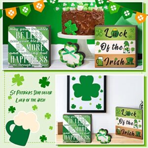 3 Pieces St. Patrick's Day Wood Decors Box Signs Irish Rustic Tabletop Decor Wood Block Plaque Shamrock Tiered Tray Decor May Your Blessings Luck of the Irish for St. Patrick Home Table Decorations