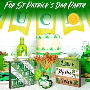 3 Pieces St. Patrick's Day Wood Decors Box Signs Irish Rustic Tabletop Decor Wood Block Plaque Shamrock Tiered Tray Decor May Your Blessings Luck of the Irish for St. Patrick Home Table Decorations