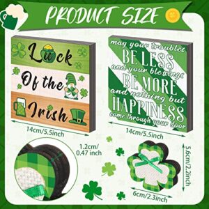 3 Pieces St. Patrick's Day Wood Decors Box Signs Irish Rustic Tabletop Decor Wood Block Plaque Shamrock Tiered Tray Decor May Your Blessings Luck of the Irish for St. Patrick Home Table Decorations