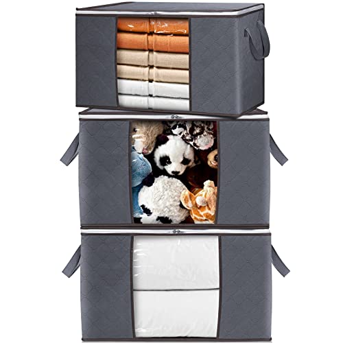 【𝟯𝗣𝗰𝘀】 Extra Large Clothes Blanket Storage Bags, 90L Thicker Fabric Closet Organizers and Storage Bins for Comforter, Clothing, Toys - Bedroom Dorm Storage Containers with Lids, Sturdy Handles -Grey