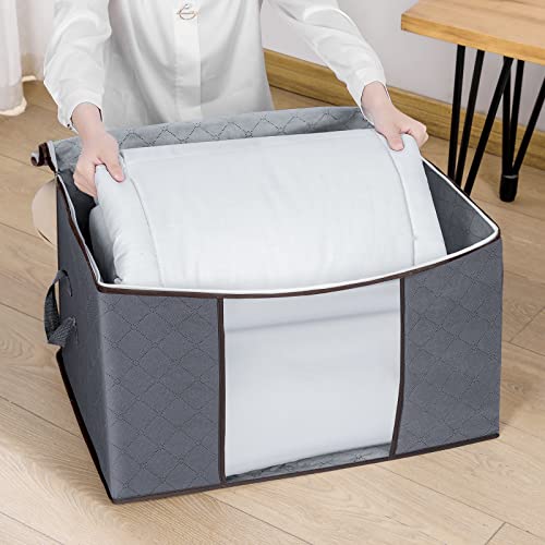 【𝟯𝗣𝗰𝘀】 Extra Large Clothes Blanket Storage Bags, 90L Thicker Fabric Closet Organizers and Storage Bins for Comforter, Clothing, Toys - Bedroom Dorm Storage Containers with Lids, Sturdy Handles -Grey