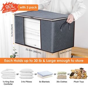 【𝟯𝗣𝗰𝘀】 Extra Large Clothes Blanket Storage Bags, 90L Thicker Fabric Closet Organizers and Storage Bins for Comforter, Clothing, Toys - Bedroom Dorm Storage Containers with Lids, Sturdy Handles -Grey