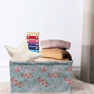 Large Storage Baskets Bins Easter Bunny Collapsible Storage Box Laundry Organizer for Closet Shelf Nursery Kids Bedroom Watercolor Spring Floral Rabbit Blue