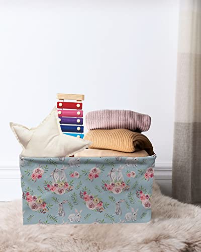 Large Storage Baskets Bins Easter Bunny Collapsible Storage Box Laundry Organizer for Closet Shelf Nursery Kids Bedroom Watercolor Spring Floral Rabbit Blue