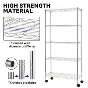 5-Tier Storage Shelf, Wire Shelving Unit NSF Certified Storage Rack 14.2"W x 30.4"D x 61.5"H Adjustable Layer Heavy Duty Metal Rack Steel with Casters Utility Shelves for Kitchen Garage Pantry Chrome