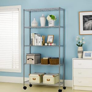 5-Tier Storage Shelf, Wire Shelving Unit NSF Certified Storage Rack 14.2"W x 30.4"D x 61.5"H Adjustable Layer Heavy Duty Metal Rack Steel with Casters Utility Shelves for Kitchen Garage Pantry Chrome