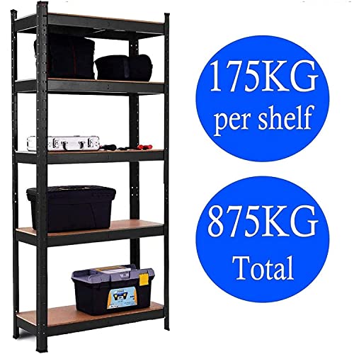 Garage Shelving Heavy Duty, 5 Level Steel Storage Shelves, Adjustable Metal Shelf Storage Unit Organizer System, Storage Rack for Home, Garage, Basement, Laundry, 150cmx70cmx30cm, (Black)