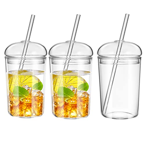 UPKOCH 3 Pack Cups with Lid and Coffee Tumblers Heat Resistant Milk Cup Clear Drinking Glasses for Bubble Tea Smoothie Coke Soda Home Office Bar