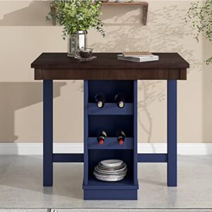 knocbel farmhouse 4-person counter height rectangular dining table with adjustable shelves and wine rack, wooden kitchen dining room small space furniture (brown and blue)